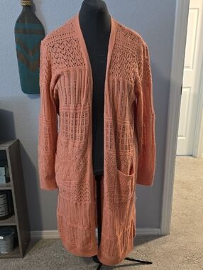 No Boundaries Peach Open-Front Crochet Long Cardigan